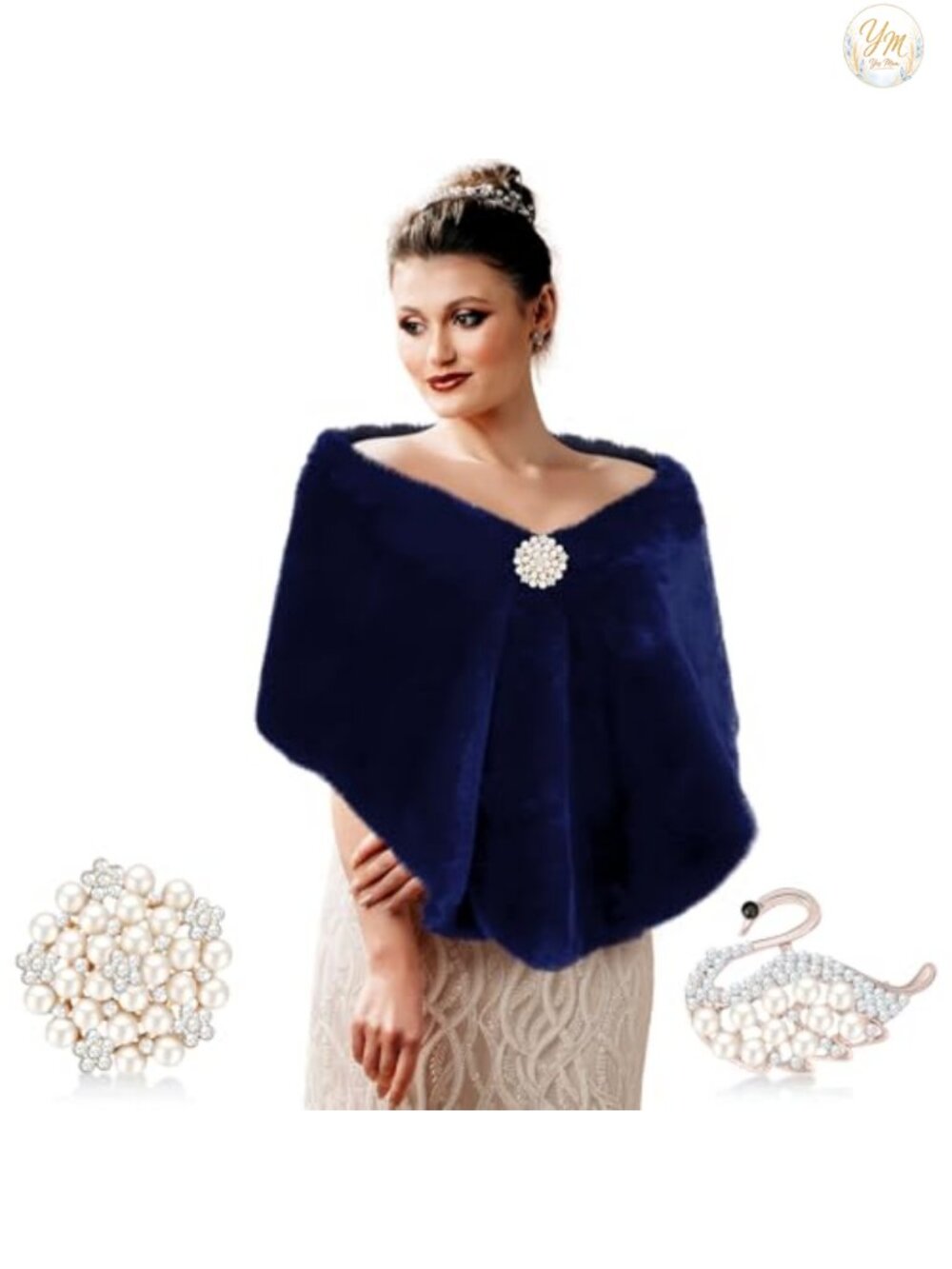 Faux Fur Shawl Wrap with Rhinestone Brooches for Women